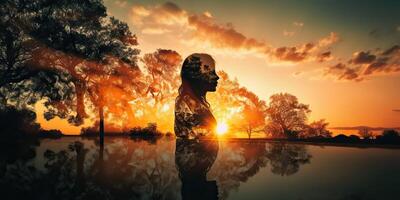 . . Double exposure photo realistic illustration. Romantic free soul lifestyle adventure vibe. Graphic Art