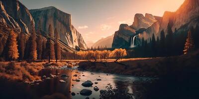 . . Photo realistic illustration of usa american Yosemite national park in the evening morning. Adventure explore vibe. Graphic Art