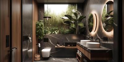 AI Generative. AI Generated. Asia luxury home house hotel luxury bathroom. Adventure calm relax vibe. Graphic Art photo