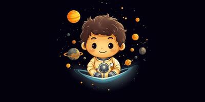 . 2d boy kid person man character at moon galaxy. Astronaut in galaxy space. . Graphic Art photo