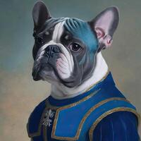 ai generado. ai generativo. foto realista ilustración de linda francés buldog frenchie perro en historia Renacimiento paño traje. gráfico Arte