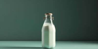 . . Mock up photo copy space illustration of retro vintage glass bottle of milk on kitchen table. Graphic Art