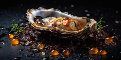 AI Generated. AI Generative. Macro photorealistic shot of sea ocean oyster open shell delicious food for wine. Romantic luxury vibe. Graphic Art photo