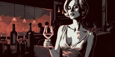 . . Retro vintage pretty woman with red wine glass at night party pub. Romantic noir film vibe. Graphic Art Illustration. photo