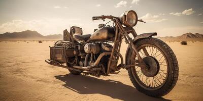 . . Old vintage retro brutal motor bike in desert road. Mad Max movie inspired. Adventure explore travel vibe. Graphic Art photo