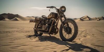 ai generado. ai generativo. antiguo Clásico retro brutal motor bicicleta en Desierto la carretera. enojado max película inspirado. aventuras explorar viaje onda. gráfico Arte foto