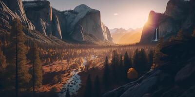 . . Photo realistic illustration of usa american Yosemite national park in the evening morning. Adventure explore vibe. Graphic Art