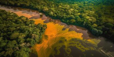 . . Photo realistic illustration of top view dron amazon river in the rain season. Adventure tropical explore vibe. Graphic Art