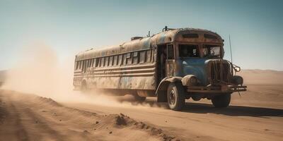 . . Photo realistic illustration of bus riding in the desrt on the road. Mad Max movie inspired. Graphic Art