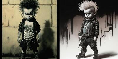 . . Street art wall grafitti inspired by banksy style. Kid punk in cyberpunk vibe. Graphic Art photo