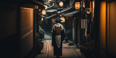 ai generado. ai generativo. foto realista fotografía ilustración de antiguo antiguo Clásico retro Japón Kioto ciudad. aventuras asiático exploración onda. gráfico Arte