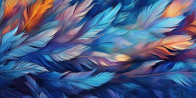 . . Photo realistic illustration of blue soft feathers. Pattern background texture romantic cozy vibe. Graphic Art