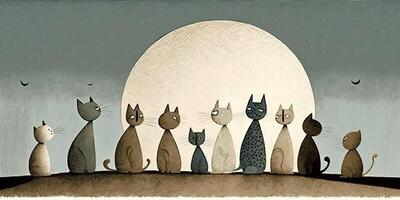 . Cartoon illustration of cats looking at moon. Nigh magic romantic vibe. Inspired by Jon Klassen. . Graphic Art photo