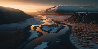 . . Macro shot aerial drone view of Iceland landscape scene. Cinematic adventure explore vibe. Graphic Art photo