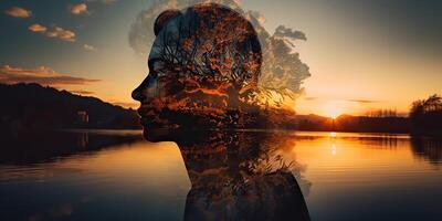 . . Double exposure photo realistic illustration. Romantic free soul lifestyle adventure vibe. Graphic Art