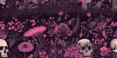 . . Background pattern with dark moody forest flowers and skulls. Halloween magic scary spooky vibe. Graphic Art photo