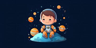 . 2d boy kid person man character at moon galaxy. Astronaut in galaxy space. . Graphic Art photo