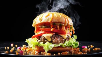 hamburguesa con queso con queso, tomate, cebolla y lechuga en negro antecedentes. póster para rápido comida menú. generativo ai foto