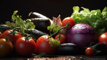 grande conjunto orgánico alimento. Fresco crudo vegetales. en un negro antecedentes. generativo ai foto