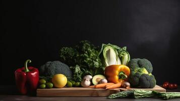 Fresh Veggie Border. Organic vegetables on  natural black background. Ideal for healthy food designs. Generative ai photo