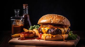 delicioso hamburguesa deleitar. jugoso empanada, Derretido queso, y crujiente verduras en un oscuro fondo. perfectamente satisfactorio. generativo ai foto