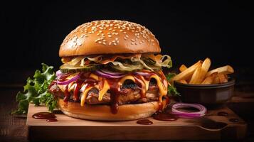 Delicious Burger Delight. Juicy patty, melted cheese, and crisp veggies on a dark backdrop. Perfectly satisfying. photo