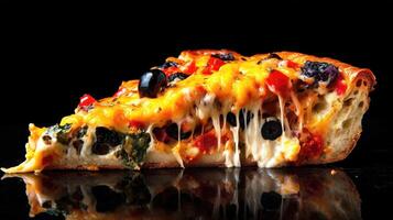 Delicious pizza slice topped with cheese, olives, and tomato, presented on a black background. photo