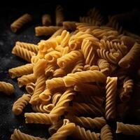 Uncooked pasta set on dark rustic background. Food poster. photo
