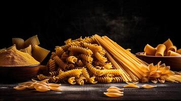 Uncooked pasta set on dark rustic background. Food poster. photo