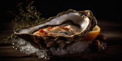 . . Macro photorealistic shot of sea ocean oyster open shell delicious food for wine. Romantic luxury vibe. Graphic Art photo