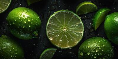 . . Macro shot photography of slices limes green tropical fruits. Graphic Art photo