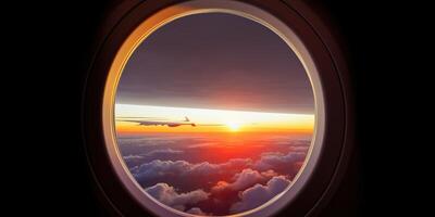 . . Photo realistic illustration of clouds above sky up in the air view through the air plane aircraft window. Adventure travel vacation vibe. Graphic Art