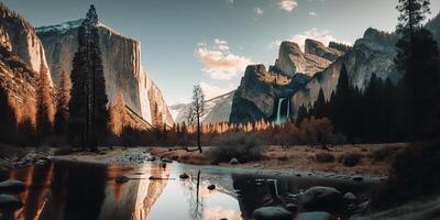 . . Photo realistic illustration of usa american Yosemite national park in the evening morning. Adventure explore vibe. Graphic Art