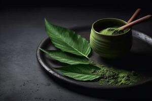 Close-up of Matcha Tea Powder on Background photo