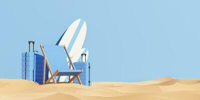 A deck chair, luggage and surfboards 3d render photo