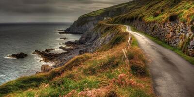 ai generado. ai generativo. foto realista fotografía ilustración de línea costera irlandesa la carretera viajar. montañas explorar aventuras viaje onda. gráfico Arte