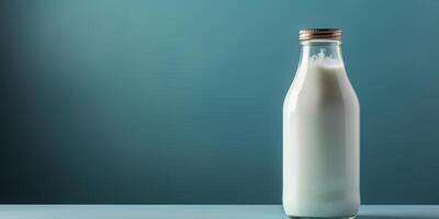 . . Mock up photo copy space illustration of retro vintage glass bottle of milk on kitchen table. Graphic Art