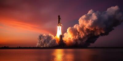 . . Photo realistic illustration of rocket shutle ship nasa launching. Adventure space travel explore vibe. Graphic Art