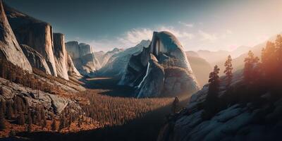 ai generado. ai generativo. foto realista ilustración de Estados Unidos americano yosemite nacional parque en el noche Mañana. aventuras explorar onda. gráfico Arte