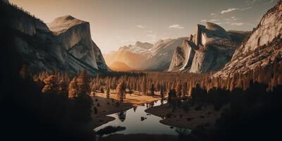 . . Photo realistic illustration of usa american Yosemite national park in the evening morning. Adventure explore vibe. Graphic Art