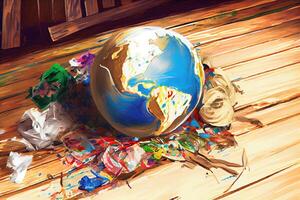 Small globes beside various trash. photo