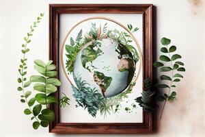Flat lay plants and world globe frame. photo