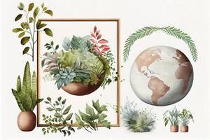 Flat lay plants and world globe frame. photo