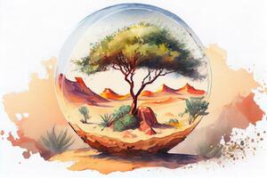 Tree in globe against a desert scene, watercolor oil painting effect. photo