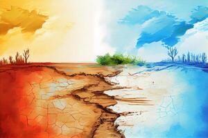 Climate change with dry soil, watercolor oil painting effect. photo