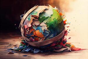 Globe surrounded by garbage on wooden surface. photo