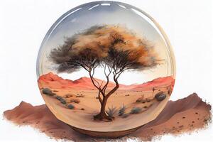a grassy globe with trees over a barren landscape. photo