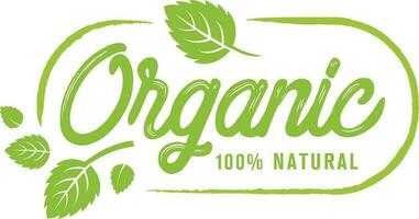 Organic natural product label with green leafs. Vector illustration.