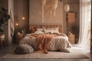 interior diseño de dormitorio, boho estilo . ai generado foto