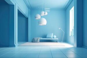 Modern light blue interior background, wall mockup . photo